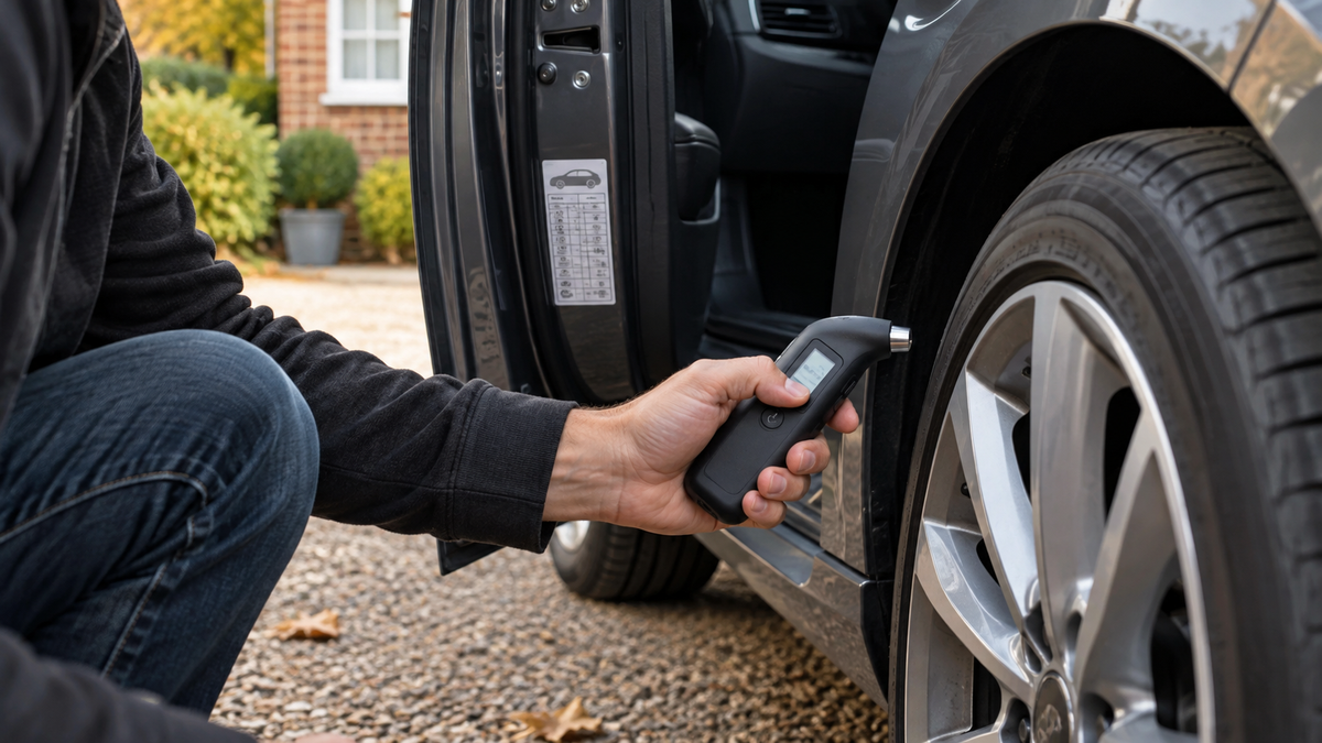 Driver checking the correct tyre pressure beside a vehicle tyre-pressure label