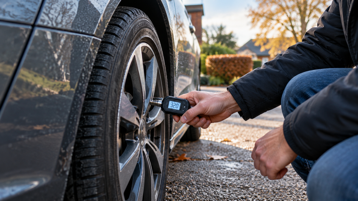 Driver checking car tyre pressure with a digital gauge on an autumn morning