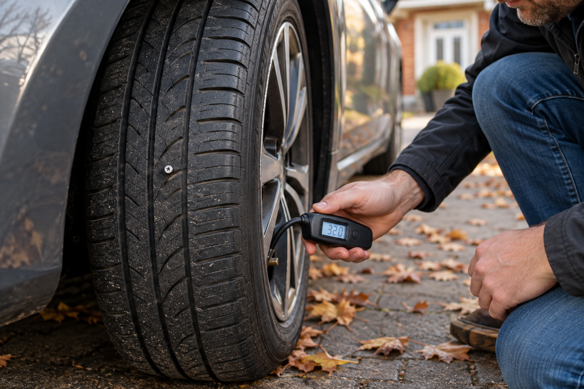 Driver checking a car tyre with a screw in the tread for a slow puncture