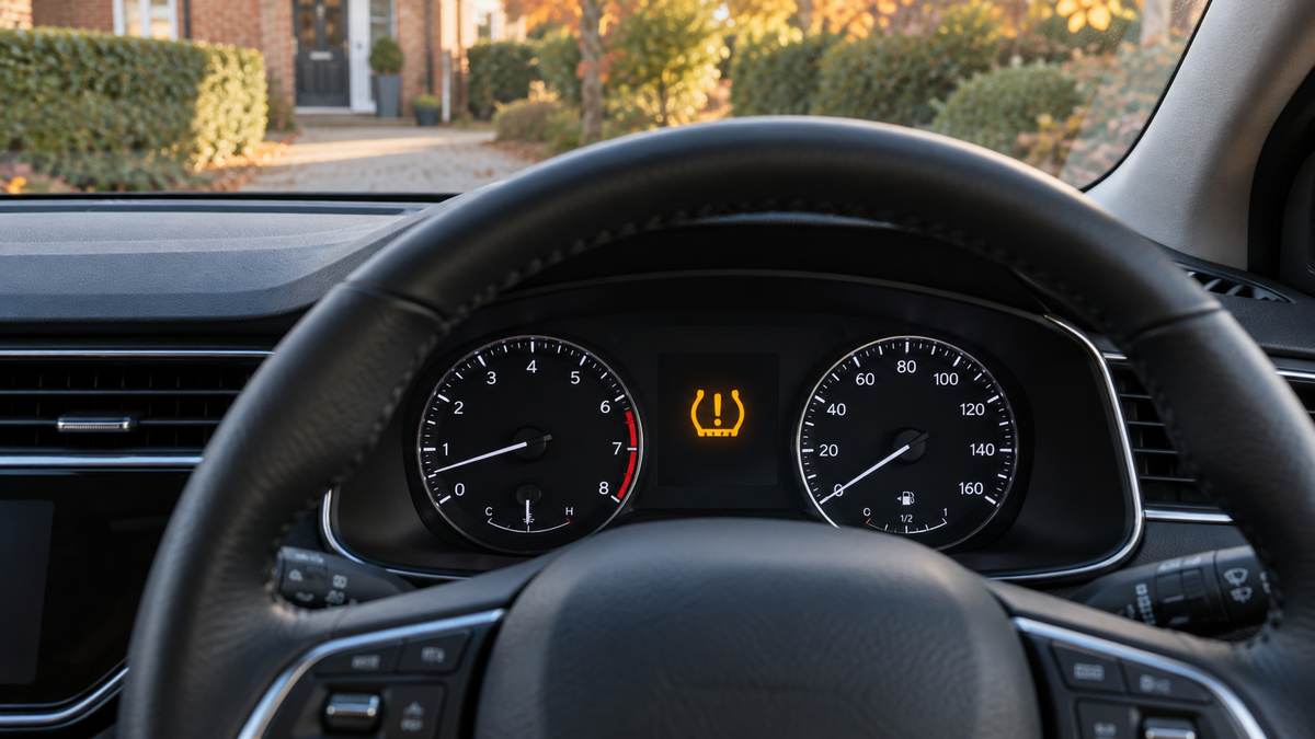 Tyre pressure warning light illuminated on a car dashboard