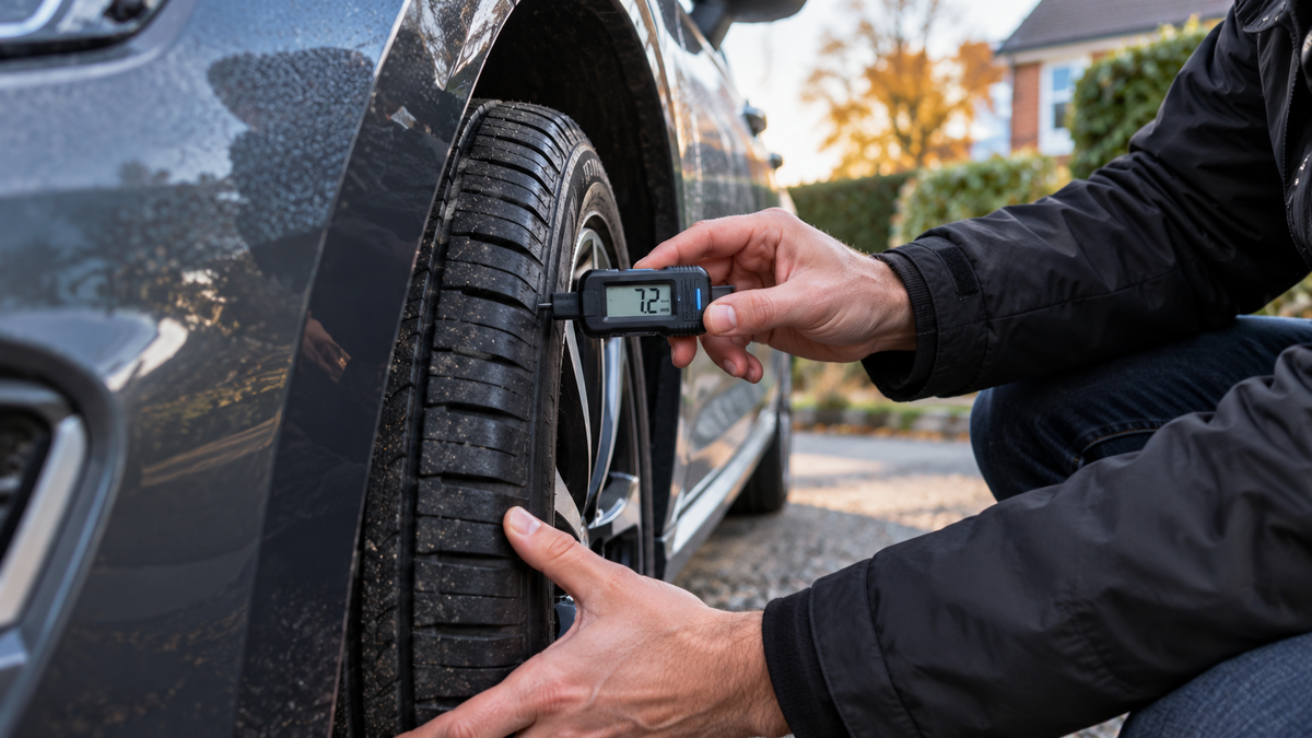 Driver measuring car tyre tread depth with a digital tread depth gauge