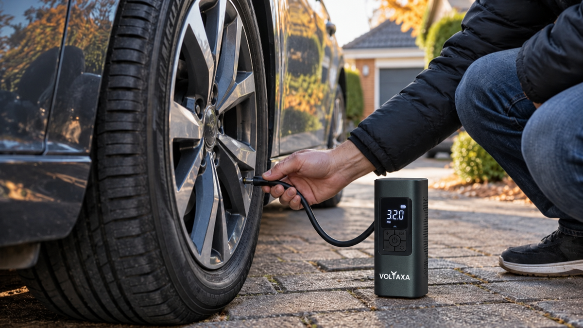 Driver inflating a car tyre at home with a Voltaxa portable digital tyre inflator