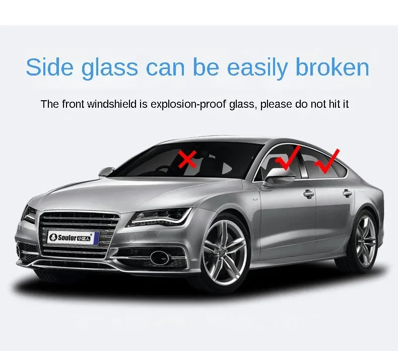 Silver car showing side glass can be easily broken, front windshield is explosion-proof, Voltaxa