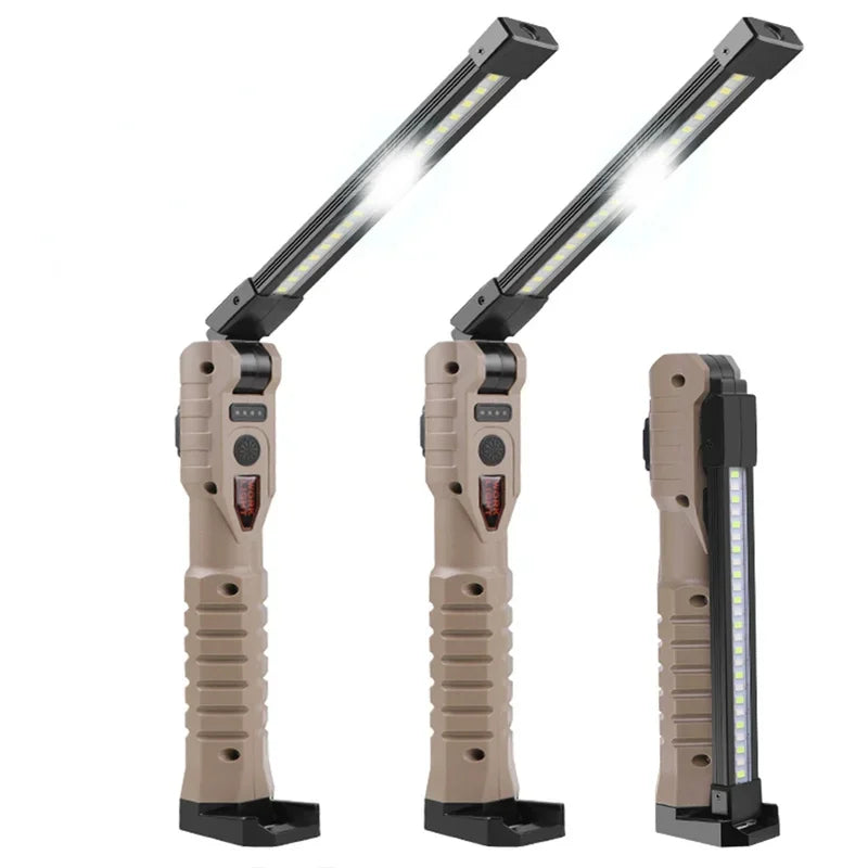 Voltaxa adjustable LED work lights with beige grip handles, shown in different angles