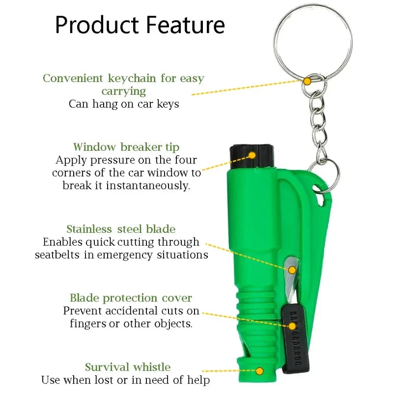 Voltaxa green emergency car escape tool with keychain, window breaker, seatbelt cutter, whistle.