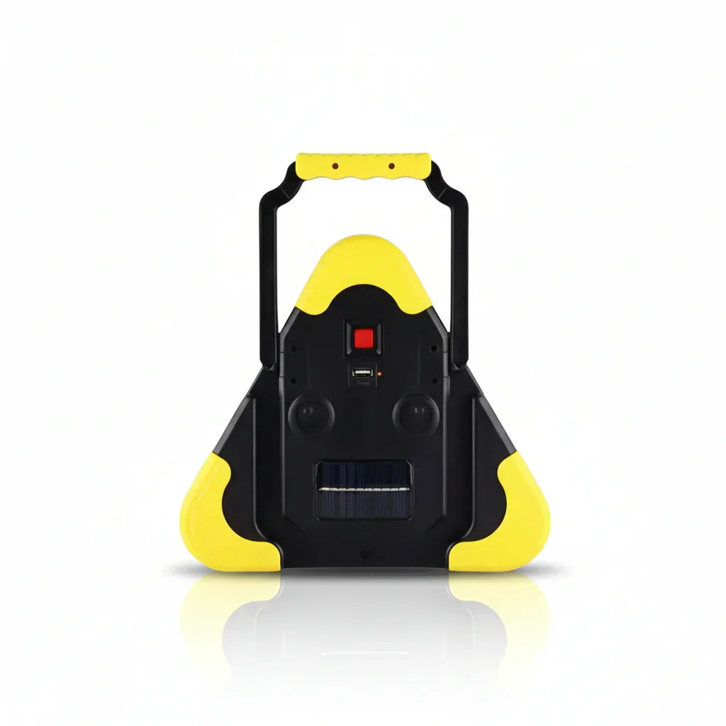 Voltaxa portable triangular power station with handle, yellow and black design, isolated on white