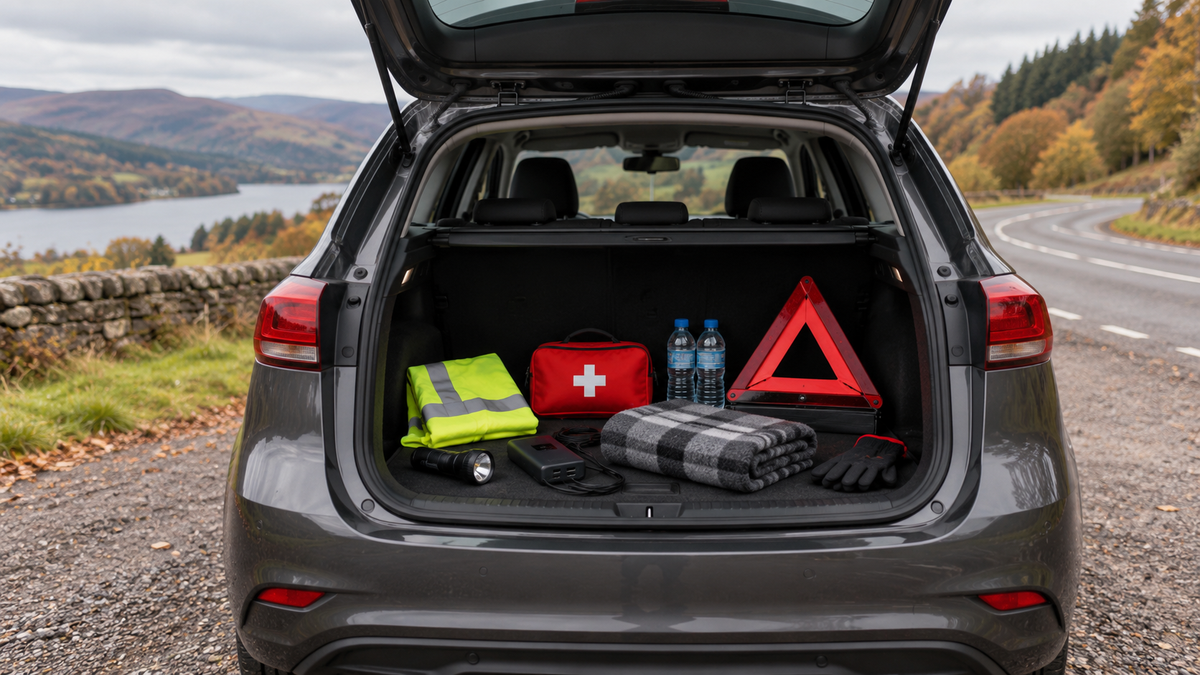 Car emergency kit with high-visibility vest, warning triangle, torch, first aid kit and blanket in a UK vehicle boot