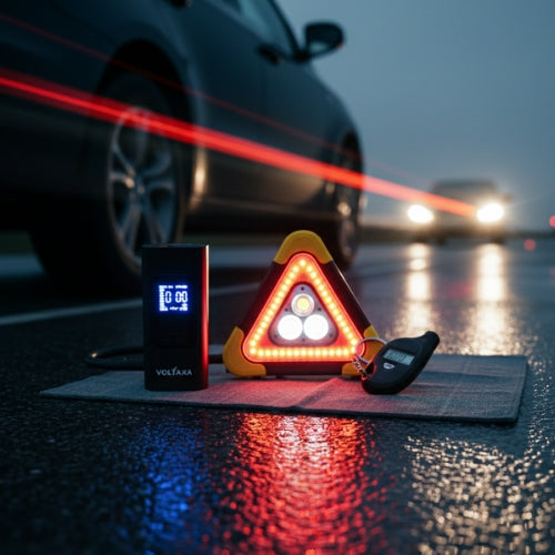 Voltaxa roadside emergency kit with jump starter, warning triangle, and key fob on wet road.
