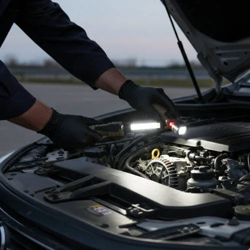 Person using LED work lights to inspect car engine outdoors, Voltaxa automotive tools
