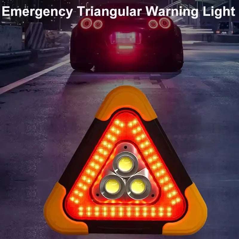 LED emergency triangular warning light on road behind car at night, Voltaxa safety accessory