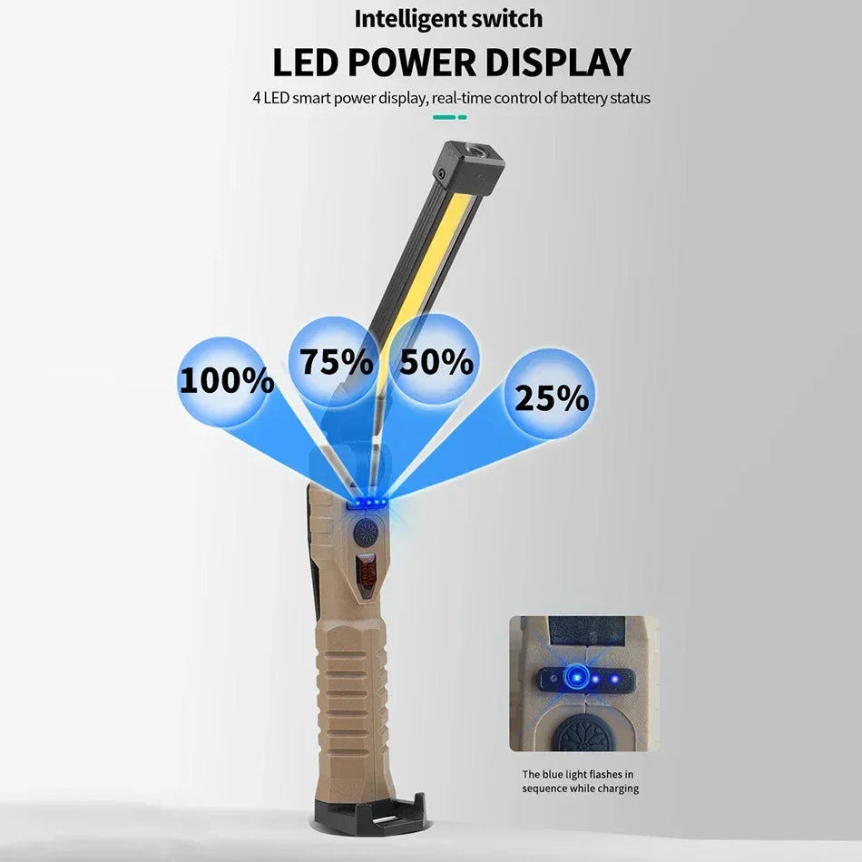 Rechargeable LED work light with battery power display, rugged design, and smart switch, Voltaxa