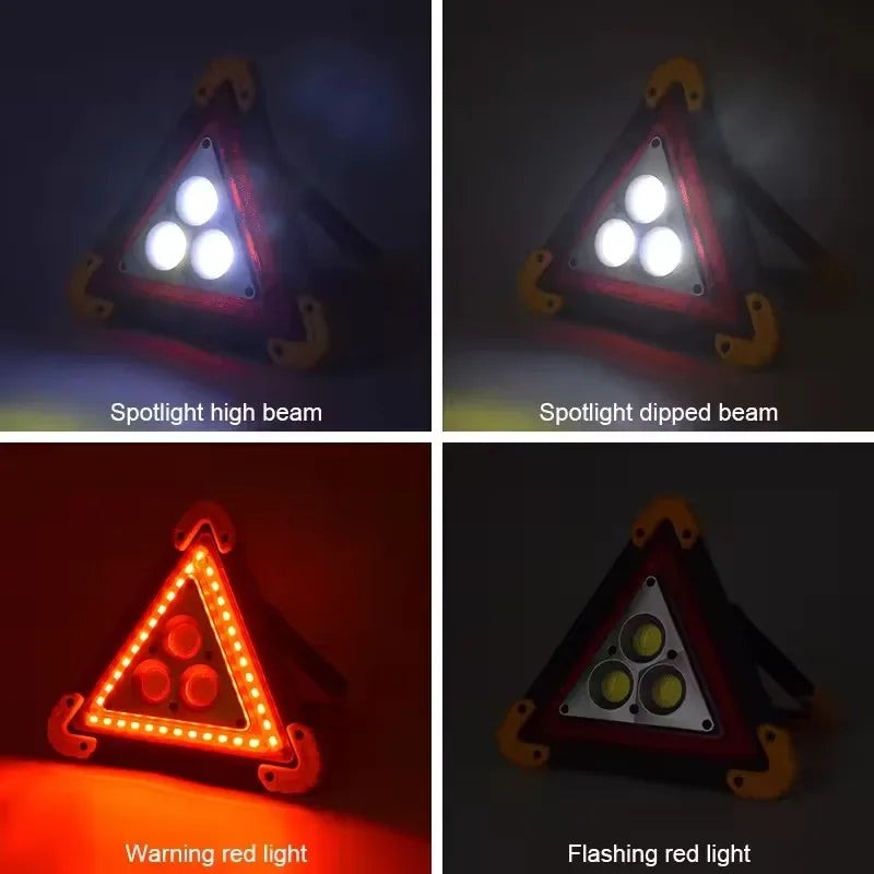 Four-mode triangle LED warning light showing spotlight and red warning settings, Voltaxa