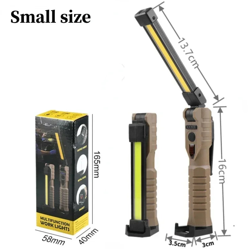 Compact multifunction work light in tan, adjustable LED, with packaging and size dimensions.