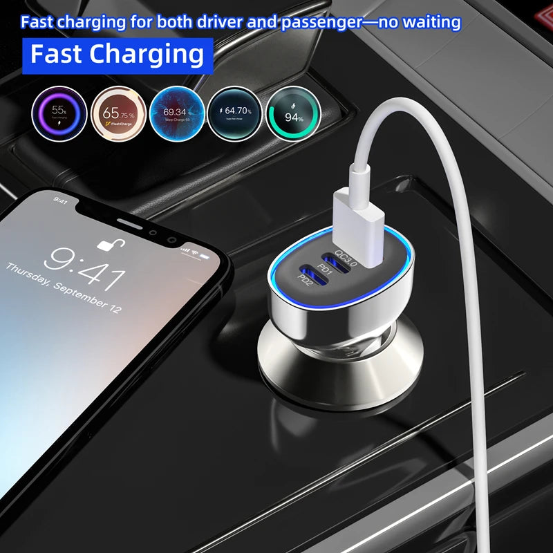 120W Fast Car Charger – Dual USB-C & Quick Charge
