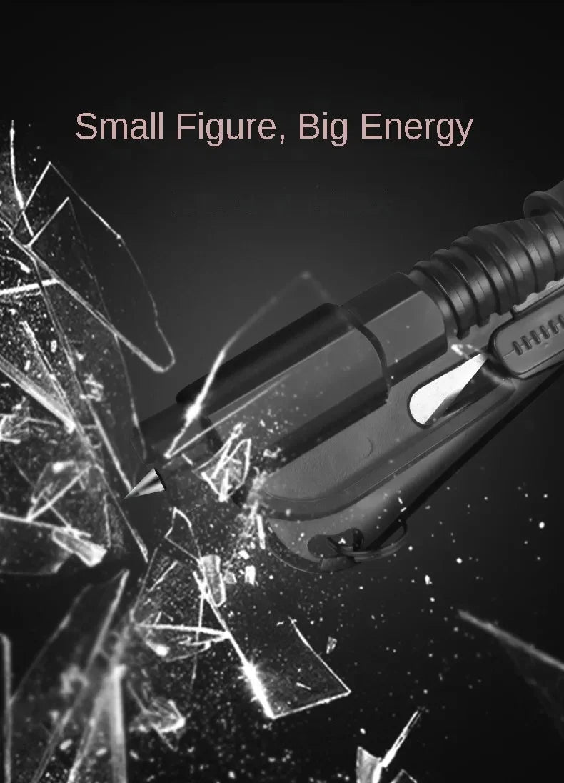 Tactical tool from Voltaxa breaking glass, text 'Small Figure, Big Energy' on dark background.