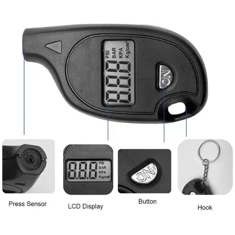 Digital tire pressure gauge with LCD display, ON button, sensor, and keychain hook, Voltaxa.
