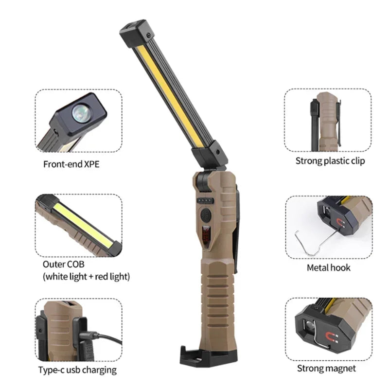 Voltaxa portable work light with COB panel, XPE front light, USB charging, magnet, and hook