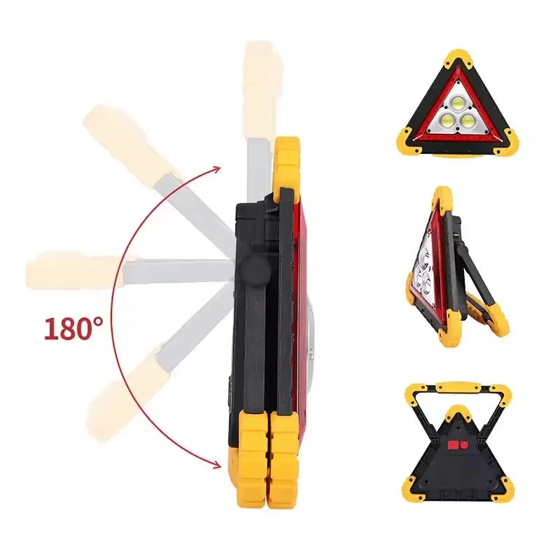 Triangular LED work light with yellow corners, adjustable stand, 180-degree rotation, Voltaxa