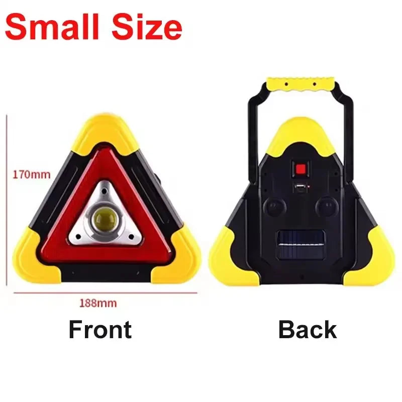 Small size triangular LED work light, front and back view, yellow and black, Voltaxa
