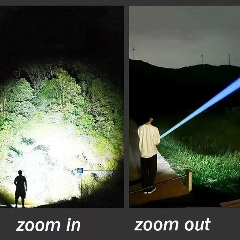 Powerful outdoor flashlight beam demonstrating zoom in and zoom out modes at night