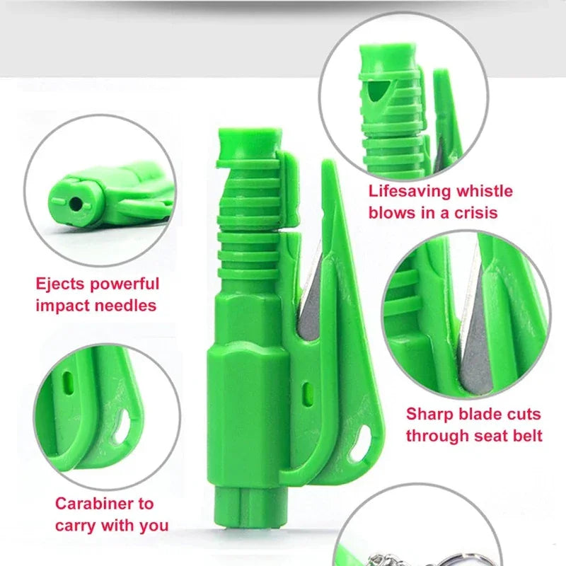 Green emergency safety tool with seat belt cutter, carabiner, whistle, and glass breaker features