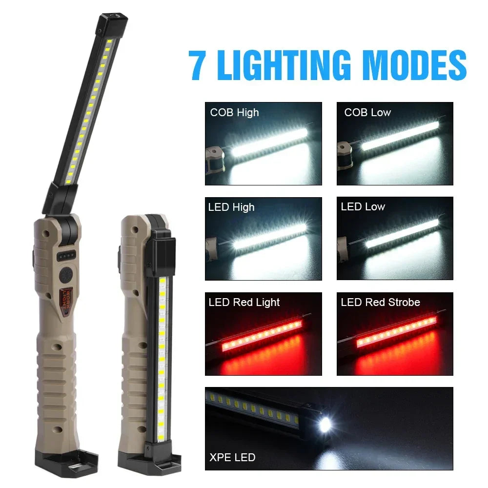 Multipurpose LED work light with 7 lighting modes, COB, red and white LEDs shown, Voltaxa