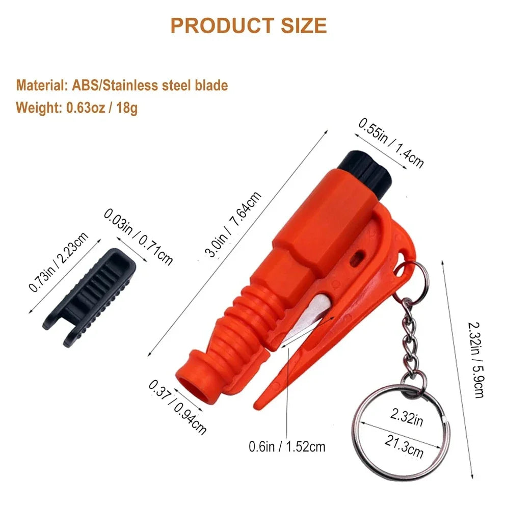 Voltaxa orange emergency keychain tool with ABS body, stainless steel blade, and size dimensions.