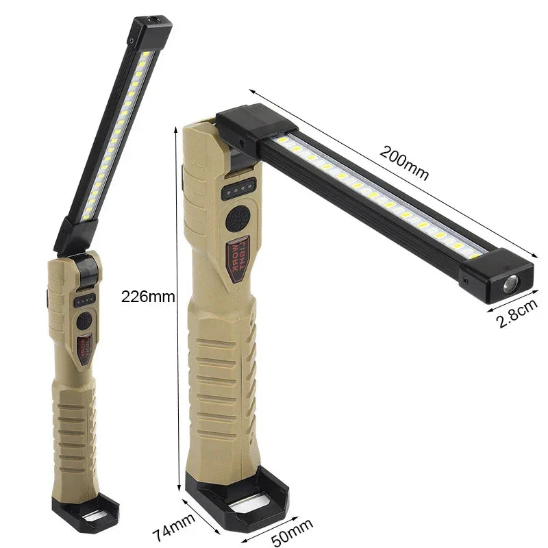 Portable LED work light with measurements, beige handle, black adjustable lamp; Voltaxa lighting tool