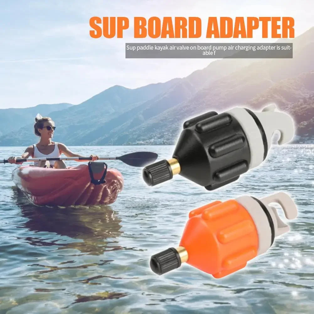 SUP board adapter for paddle kayak, with two air valve adapters and a person kayaking on a lake