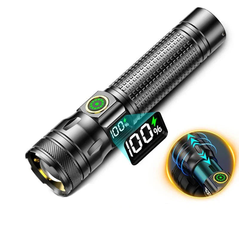Voltaxa rechargeable LED flashlight with battery indicator and textured black grip