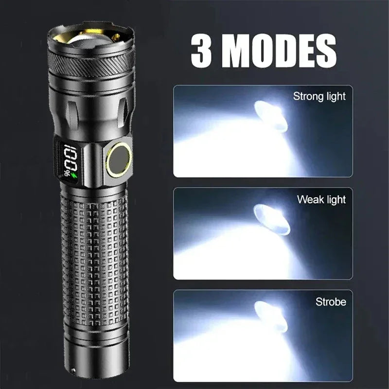 Rechargeable LED flashlight with digital display, showing 3 modes: strong, weak, strobe.