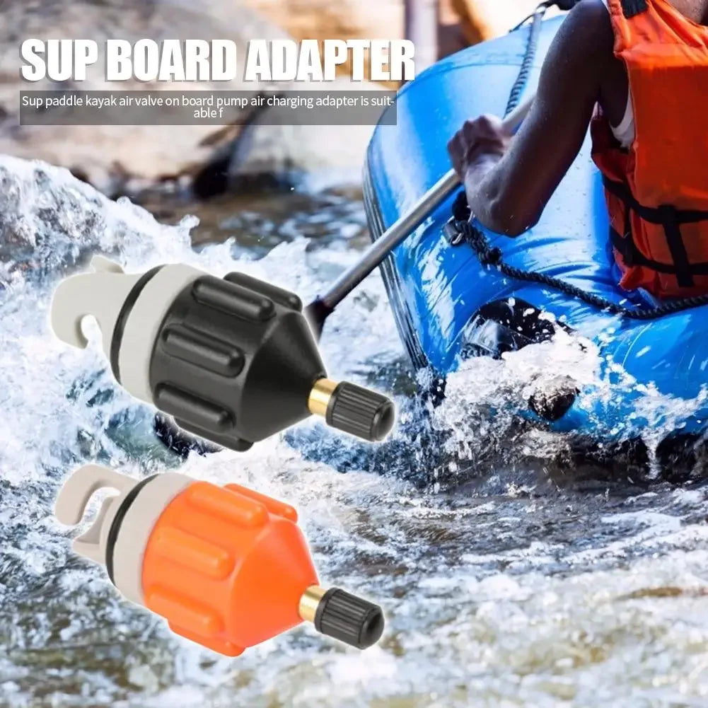 SUP board adapter for kayak air valves with paddler on blue inflatable boat in rapid water