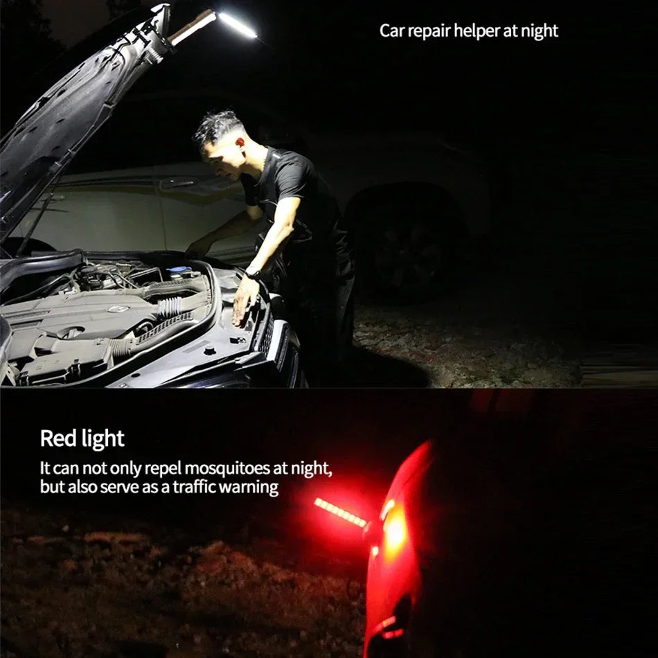 Man using LED work light for night car repair, red light mode for mosquito repellent and safety.