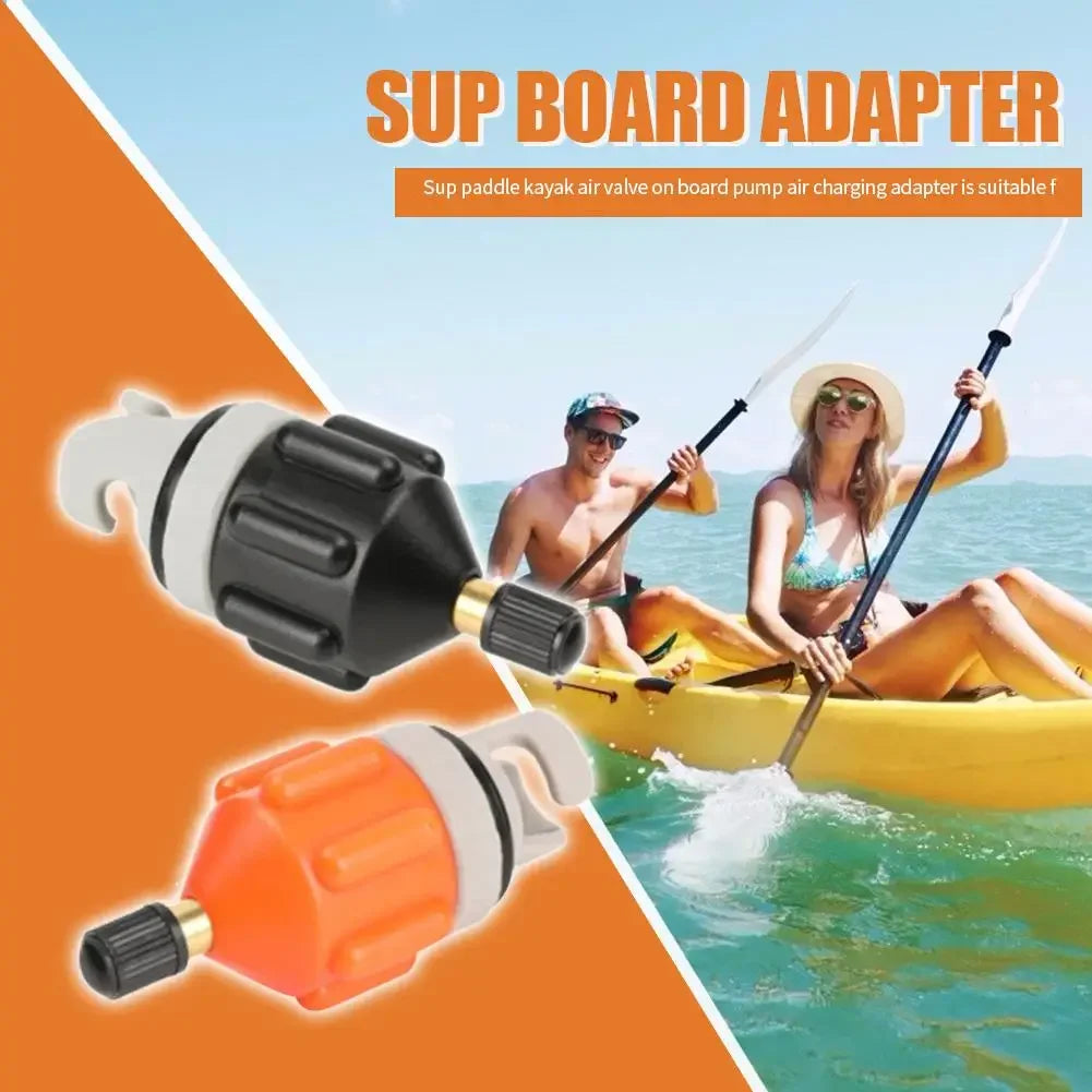 SUP board adapter for paddle kayak air valve, with two people kayaking on ocean water