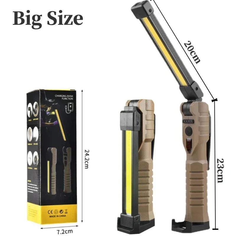 Voltaxa large foldable LED work light with box, product and size dimensions visible