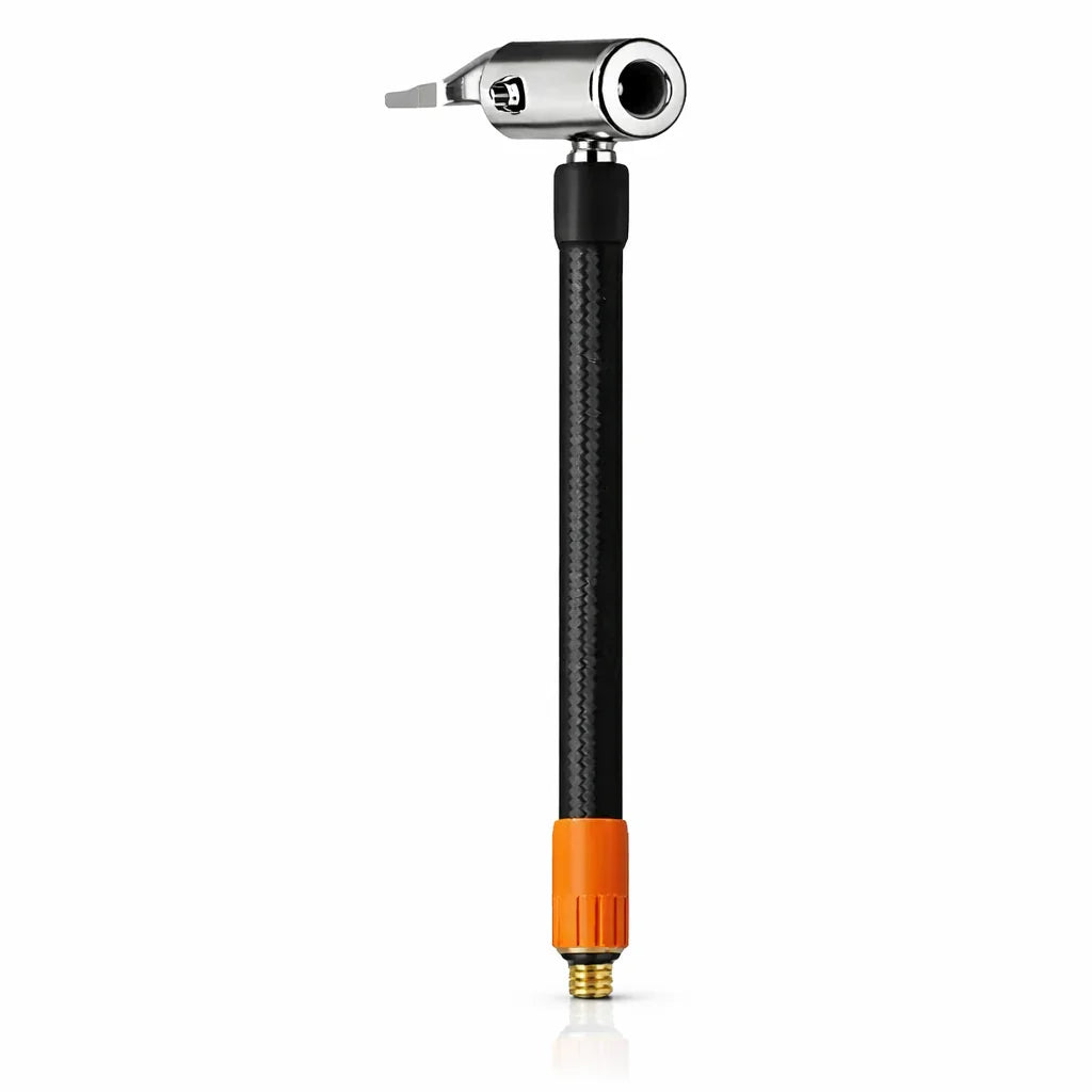 Voltaxa durable tire inflator hose with metal head and orange connector on white background