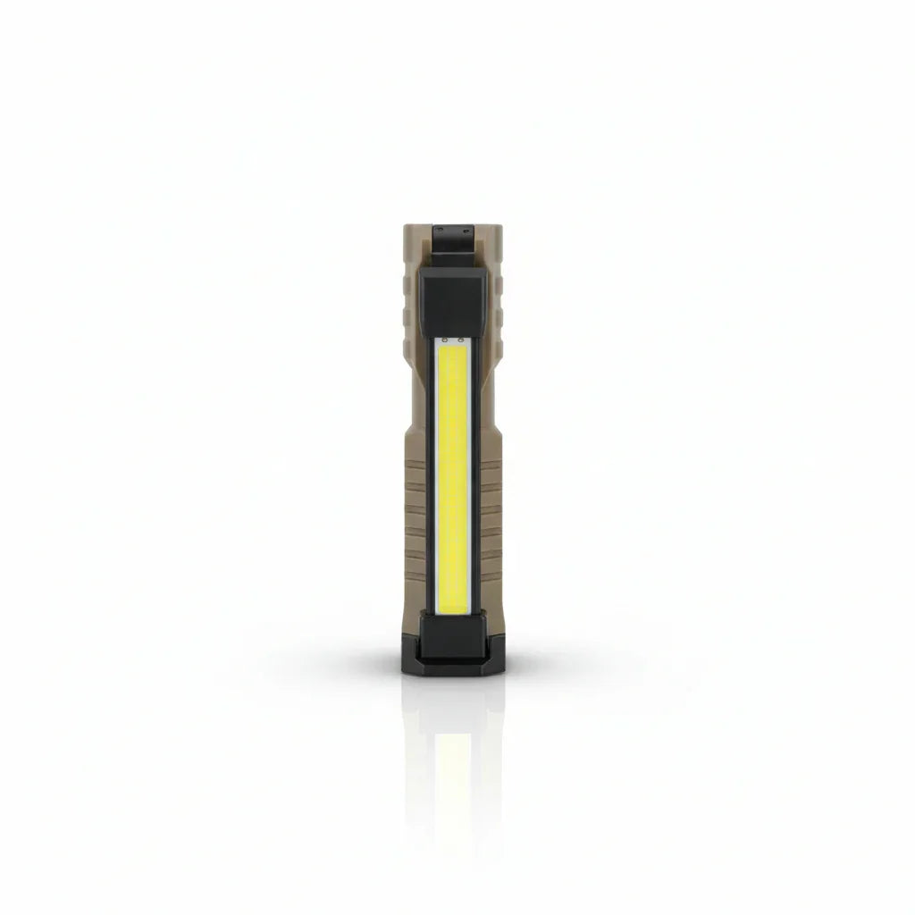 Compact LED work light with yellow strip, rugged tan and black design on white background