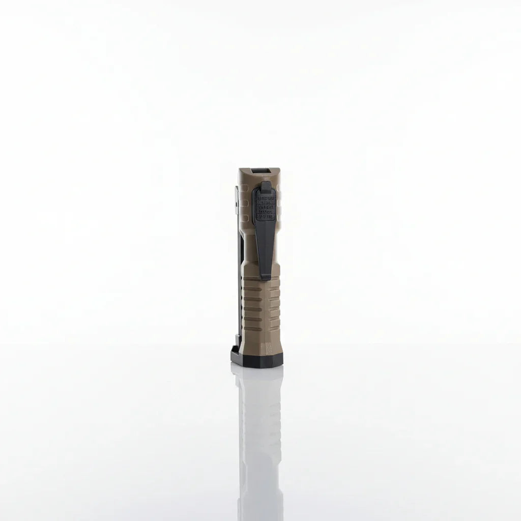 Compact tan LED flashlight with black clip on white background, Voltaxa home lighting