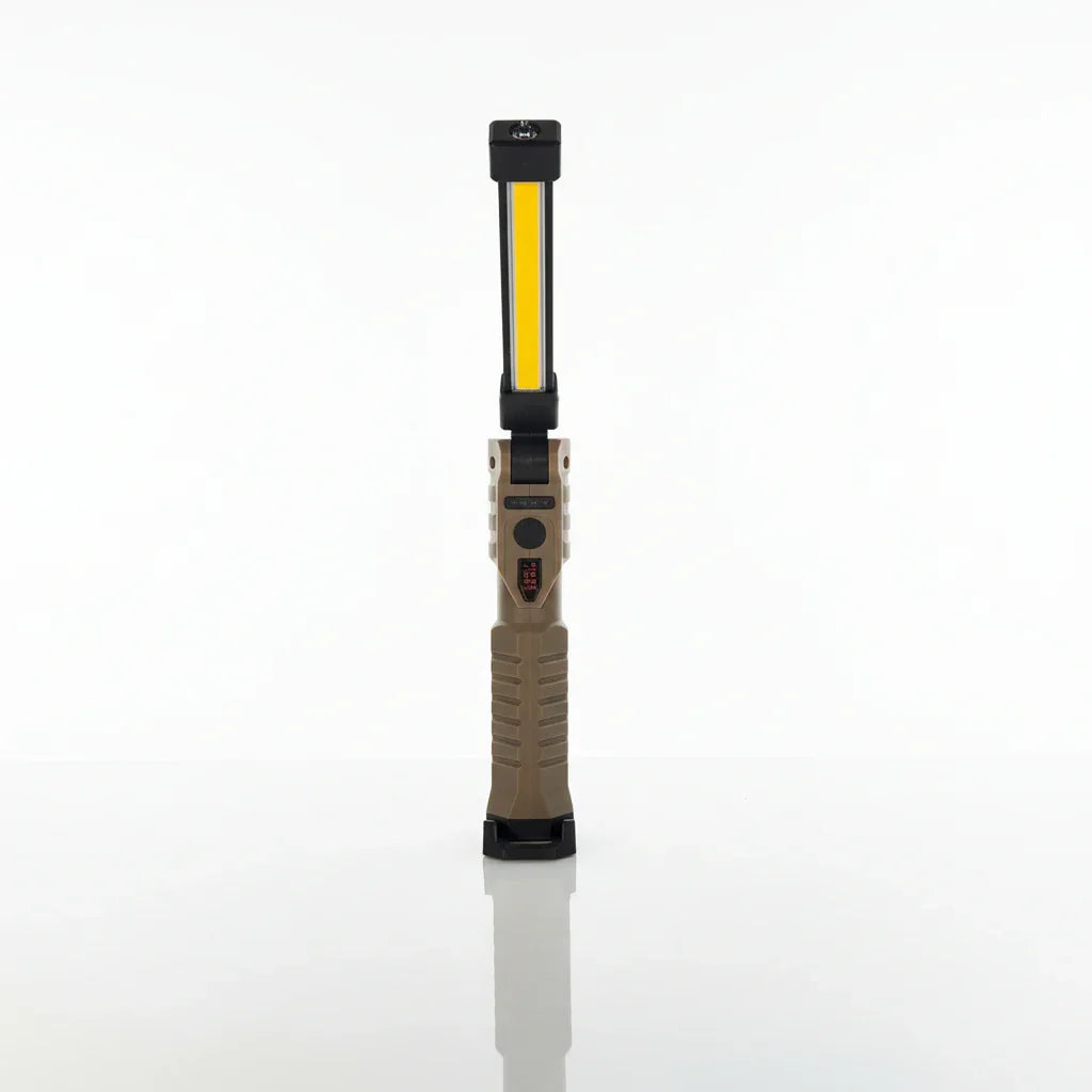 Voltaxa LED work light with adjustable yellow panel, rugged tan handle on white background