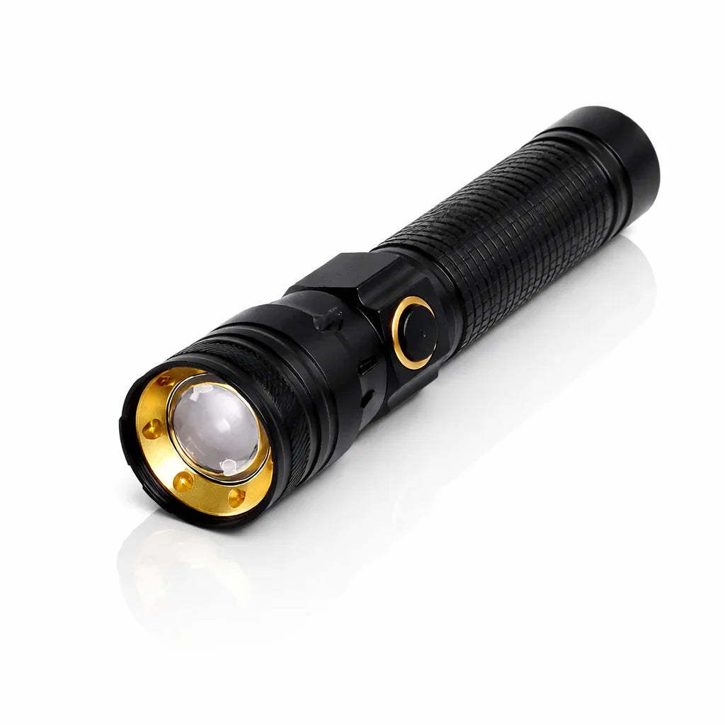 Black and gold Voltaxa tactical flashlight with textured grip on white background