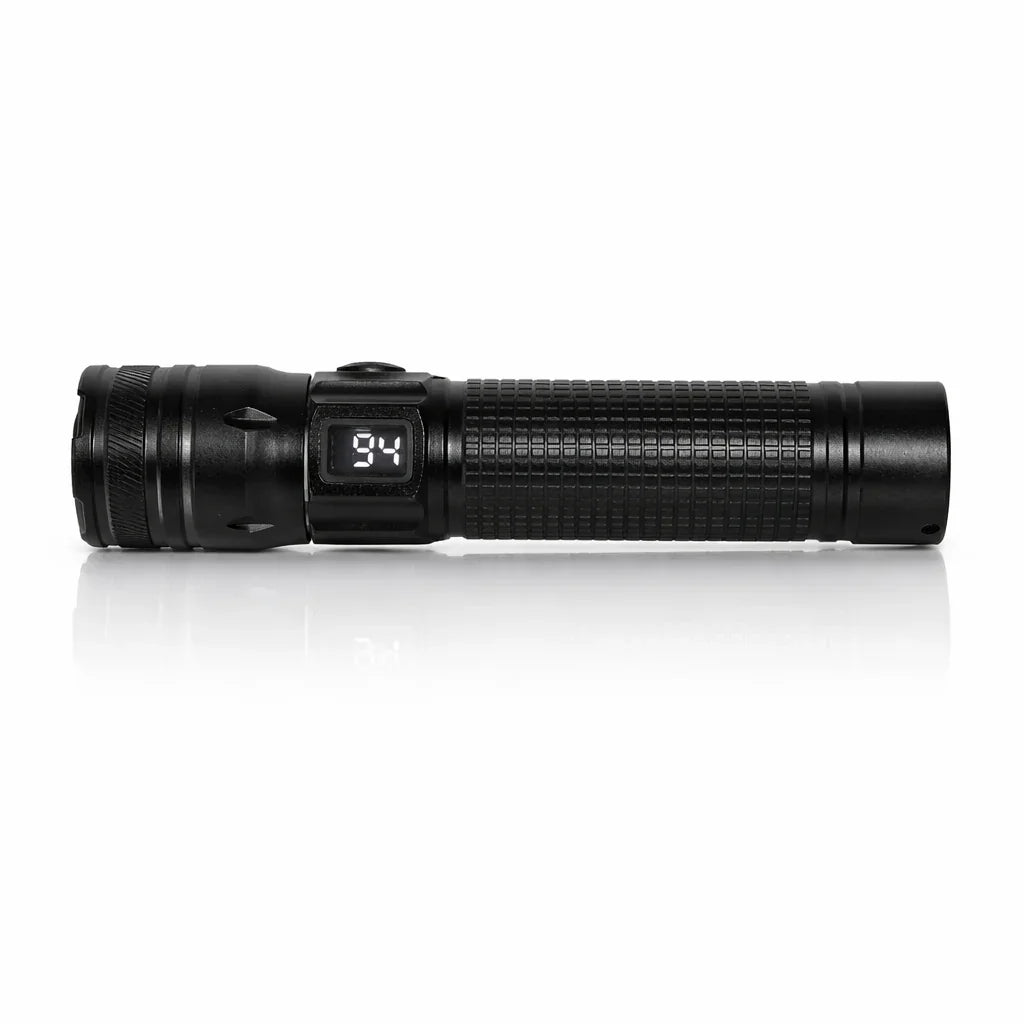 Voltaxa black tactical flashlight with digital display and textured grip on white background