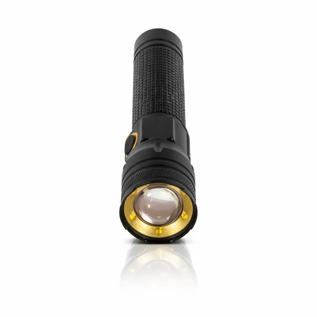 Black and gold Voltaxa LED flashlight with textured grip on white background