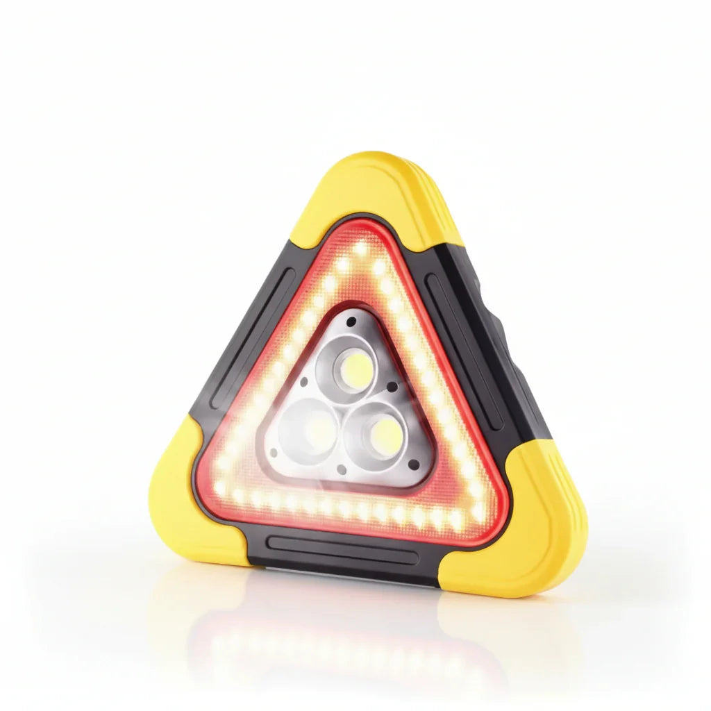 Voltaxa yellow and black triangular LED emergency light with three central bulbs